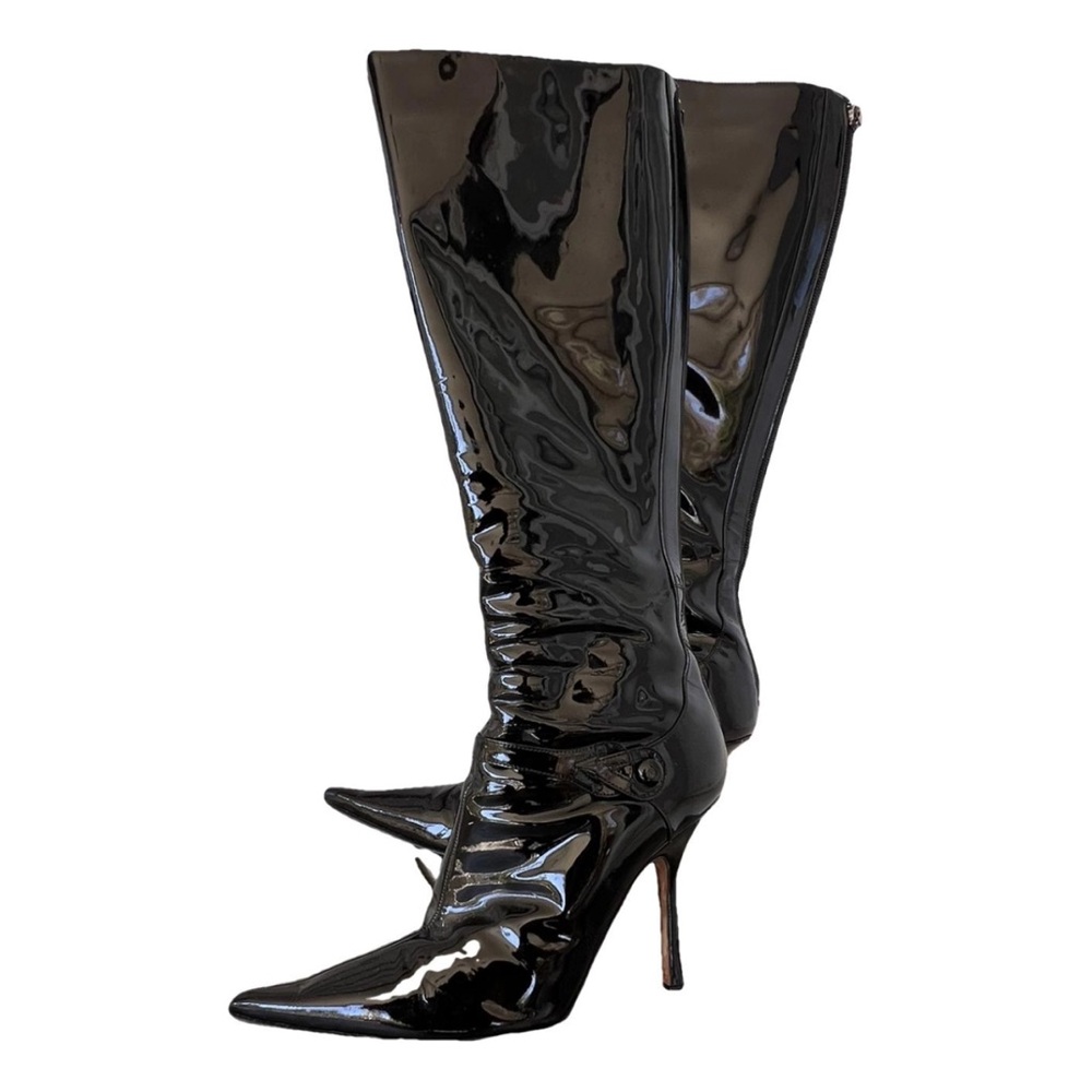 Jimmy Choo Black Patent Leather Stiletto Pointed Toe Boots IT 37.5